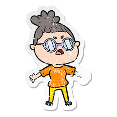 distressed sticker of a cartoon annoyed woman