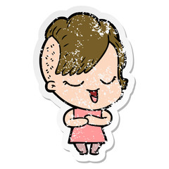 distressed sticker of a happy cartoon girl