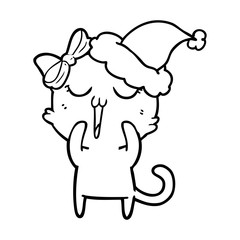 line drawing of a cat wearing santa hat