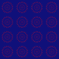 Blue seamless pattern with red folk motifs. Round red ornaments with petals, dots. Circles shapes as red sun. Folklore, traditional design. Beautiful colorful print for fabric, textile, clothes, tile