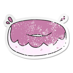 distressed sticker of a quirky hand drawn cartoon iced donut