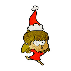 textured cartoon of a whistling girl wearing santa hat