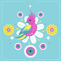 Bright Vector seamless print with cute parrot and exotic tropical flowers