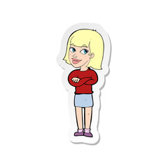 sticker of a cartoon happy woman looking over