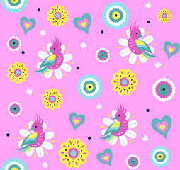 Fototapeta na wymiar Bright Vector seamless pattern with cute parrot and exotic tropical flowers