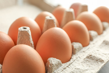 Chicken eggs in carton box as background, space for text