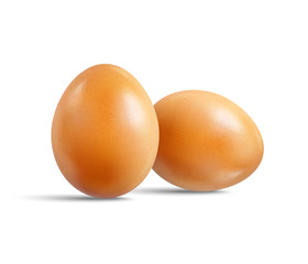 Two fresh raw chicken brown eggs isolated on white background. Realistic vector 3d illustration.