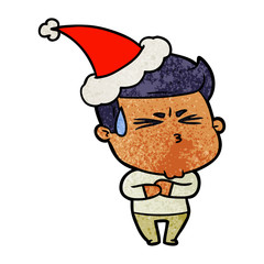 textured cartoon of a frustrated man wearing santa hat