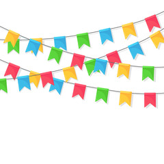 Obraz premium Banner with garland of colour festival flags and ribbons, bunting. Background for celebrate happy birthday party, carnaval, fair. Vector flat design