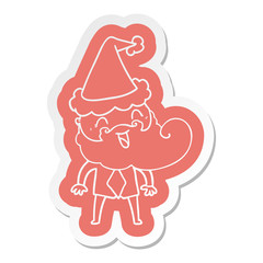 hand drawn cartoon  sticker of a happy bearded man wearing santa hat