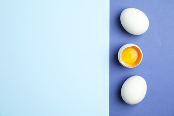 Chicken eggs with half yolk on two tone background, space for text