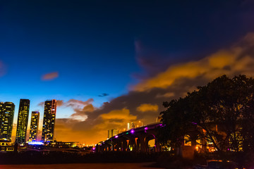 MacArthur causeway and downtown Miami Beach at night