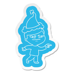 cartoon  sticker of a angry man pointing wearing santa hat