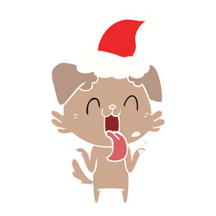 flat color illustration of a panting dog shrugging shoulders wearing santa hat