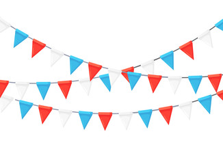 Fototapeta premium Banner with garland of colour festival flags and ribbons, bunting. Background for celebrate happy birthday party, carnaval, fair. Vector flat design
