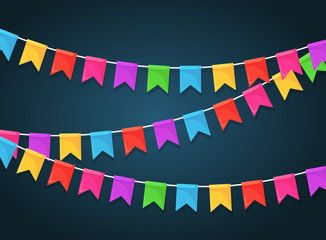 Obraz premium Banner with garland of colour festival flags and ribbons, bunting. Background for celebrate happy birthday party, carnaval, fair. Vector flat design