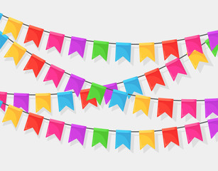 Obraz premium Banner with garland of colour festival flags and ribbons, bunting. Background for celebrate happy birthday party, carnaval, fair. Vector flat design