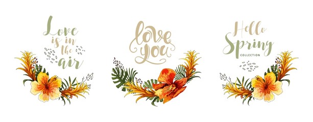 Wedding invitation card tropical floral orchid bouquet and lettering