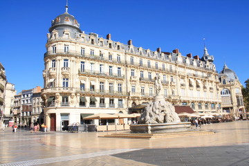 Fototapeta na wymiar Comedy square of Montpellier and its three graces fountain, Herault, France