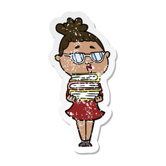 distressed sticker of a cartoon happy woman wearing spectacles