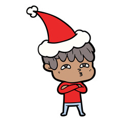 line drawing of a curious man wearing santa hat