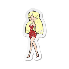 retro distressed sticker of a cartoon woman in dress