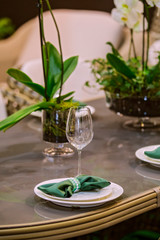 Restaurant table in eco style with green elements, wooden table, live orchids, glasses, plates, feast