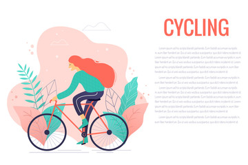 Woman riding a bicycle in park trendy vector illustration.