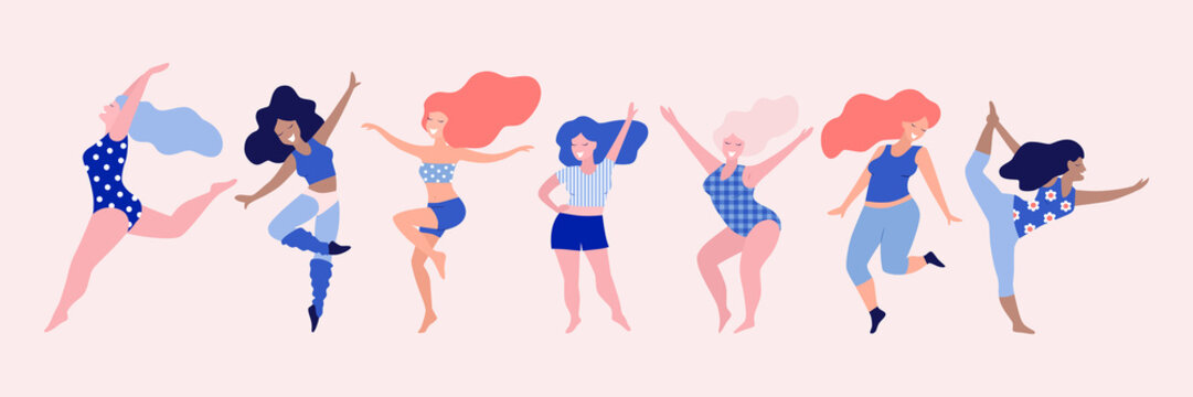 Happy Dancing Diverse Women Vector Illustration.