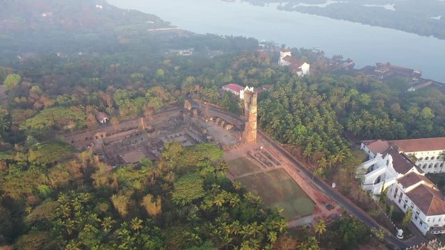 A partial aerial orbit of St. Augustine's church in Old Goa