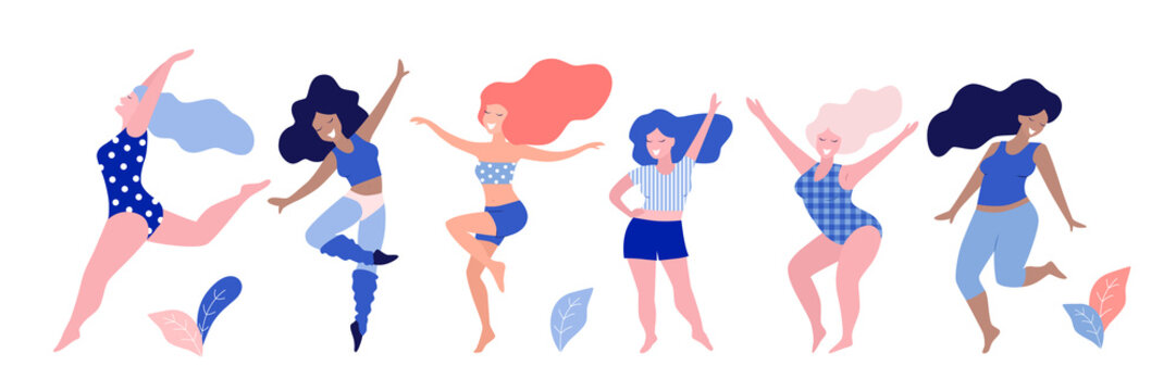 Happy Dancing Diverse Women Vector Illustration.