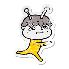 distressed sticker of a friendly cartoon spaceman running