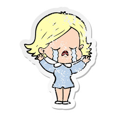 distressed sticker of a cartoon girl crying