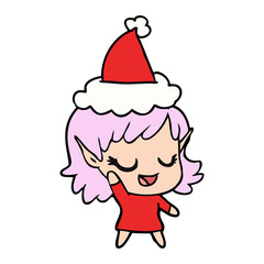 happy line drawing of a elf girl wearing santa hat