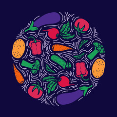 Circle concept with different vegetables. Vector hand-draw line illustration.