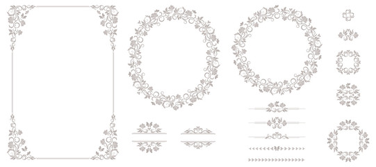 Vector set of graphic elements for design. Floral elements for design of invitations, frames, menus, monograms, labels, websites.