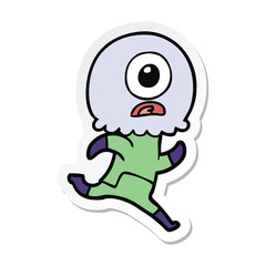 sticker of a cartoon cyclops alien spaceman running