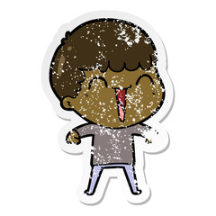 distressed sticker of a cartoon happy man