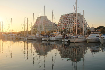 The marina of la Grande Motte in Herault, a seaside resort of the Languedoc coast and leisure centre near Montpellier in France