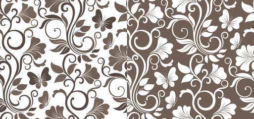 Luxury seamless graphic background with flowers and leaves  in two variations. Floral vector pattern.