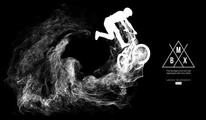 Abstract silhouette of a bmx rider on the dark, black background from particles, dust, smoke, steam. Bmx rider jumps and performs the trick. Background can be changed to any other. Vector illustration