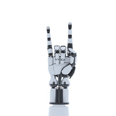 Futuristic Robot hand showing gesture, isolated on white background.
