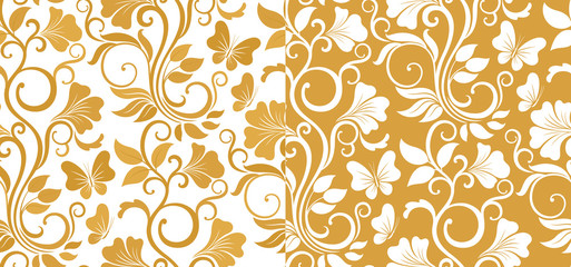 Fototapeta na wymiar Luxury seamless graphic background with flowers and leaves in two variations. Floral vector pattern.