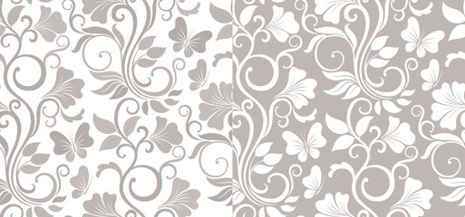 Luxury seamless graphic background with flowers and leaves in two variations. Floral vector pattern.