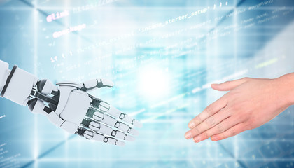 Robot and man hands showing gesture, isolated on white background.