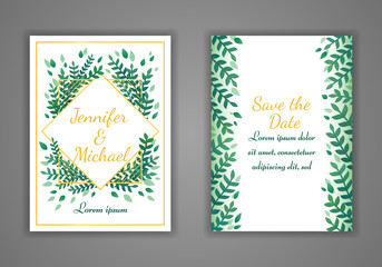 Set of rectangular wedding invitation cards. Green leaves and golden frame on a white background. Vector.