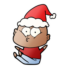 gradient cartoon of a bald man staring wearing santa hat
