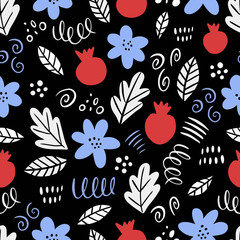 Hand drawn floral seamless pattern with flowers and pomegranate. Scandinavian style. Vector illustration on dark background