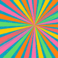 Abstract rainbow pastel color chalk texture rays background burst sunburst rays in yellow, pink, red, green and orange from center, pop art retro style vector eps10 background