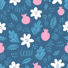 Hand drawn floral seamless pattern with flowers and pomegranate. Scandinavian style. Vector illustration on dark background